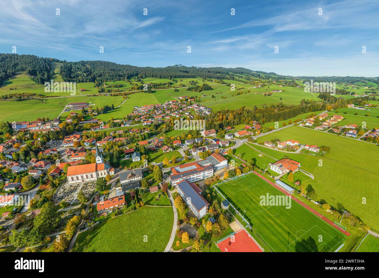 Autumnal view of the village of Weitnau in the Allgäu on the Bavarian border of the alps Stock