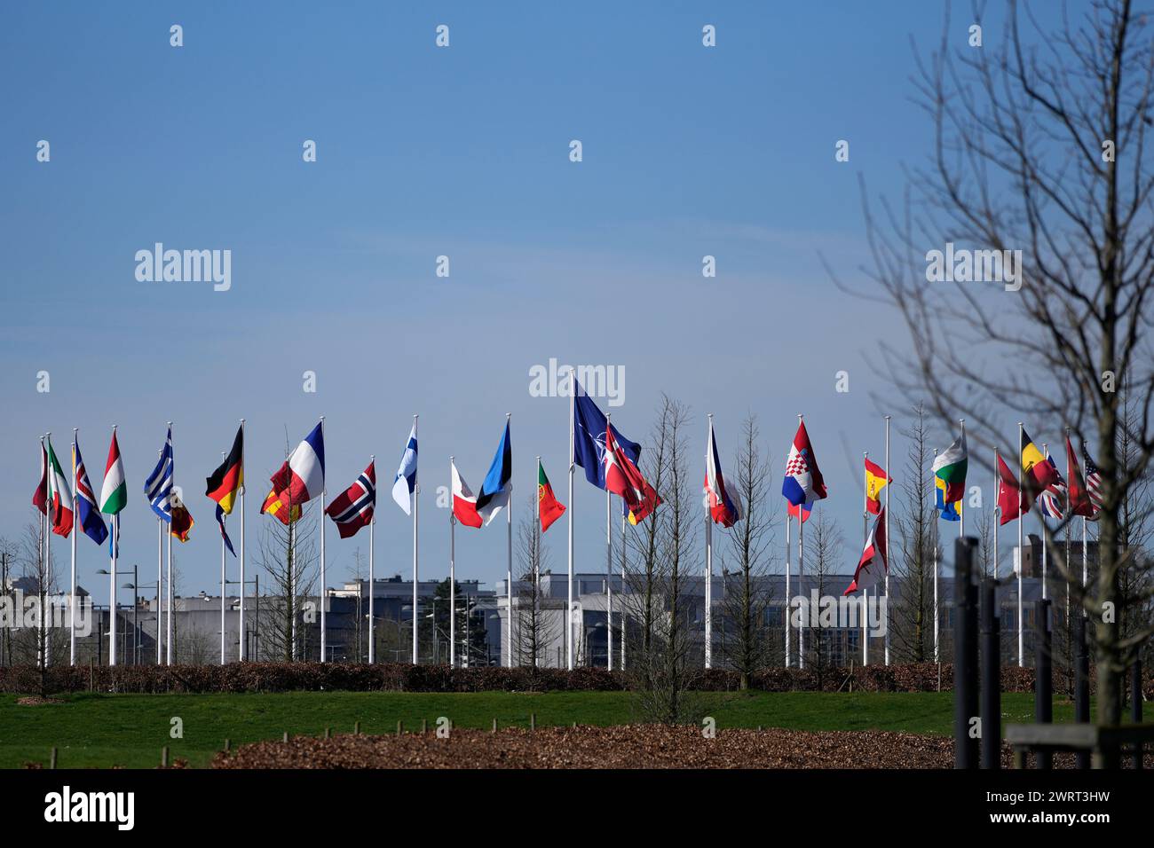 Flags of NATO member countries flap in the wind outside at NATO