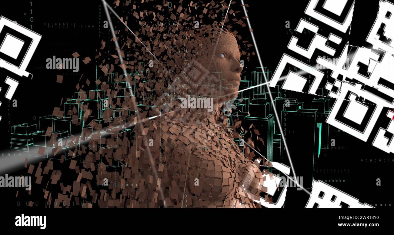 Image of qr code scanner over human body model against spinning 3d city ...