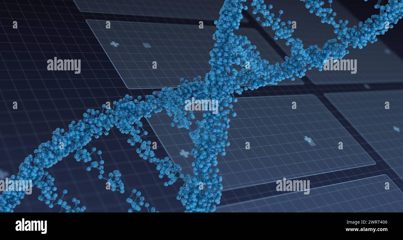 Image Of Dna Strand And Scientific Data Processing Over Blue Background Image Of Dna Strand And Scientific Data Processing Over Blue Background