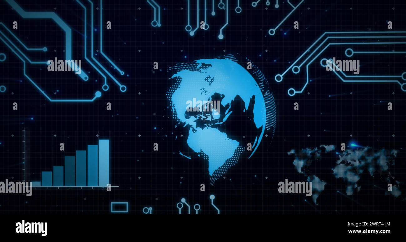 Image of rotating globe and processing data on interface over ...
