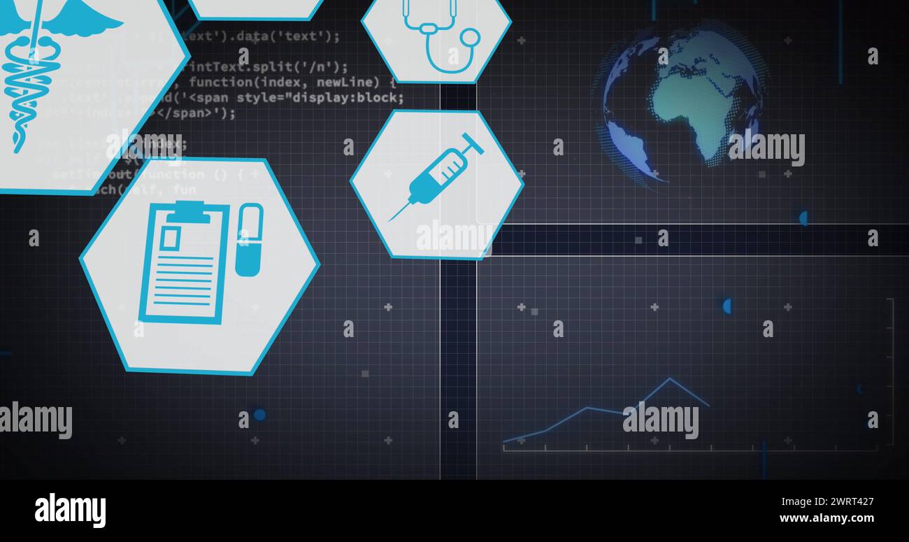 Image of medical icons and scientific data processing over blue ...