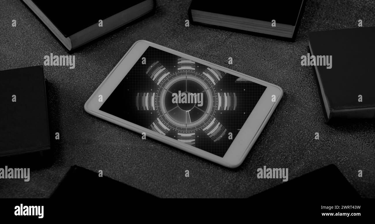 Black and white image of blue circular scanner processing data on screen of smartphone on desk Stock Photo