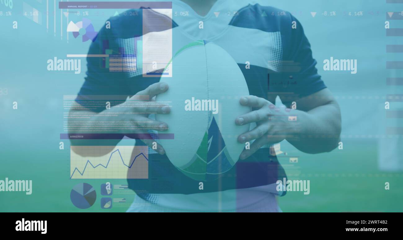 Image of statistics and data processing over caucasian rugby player