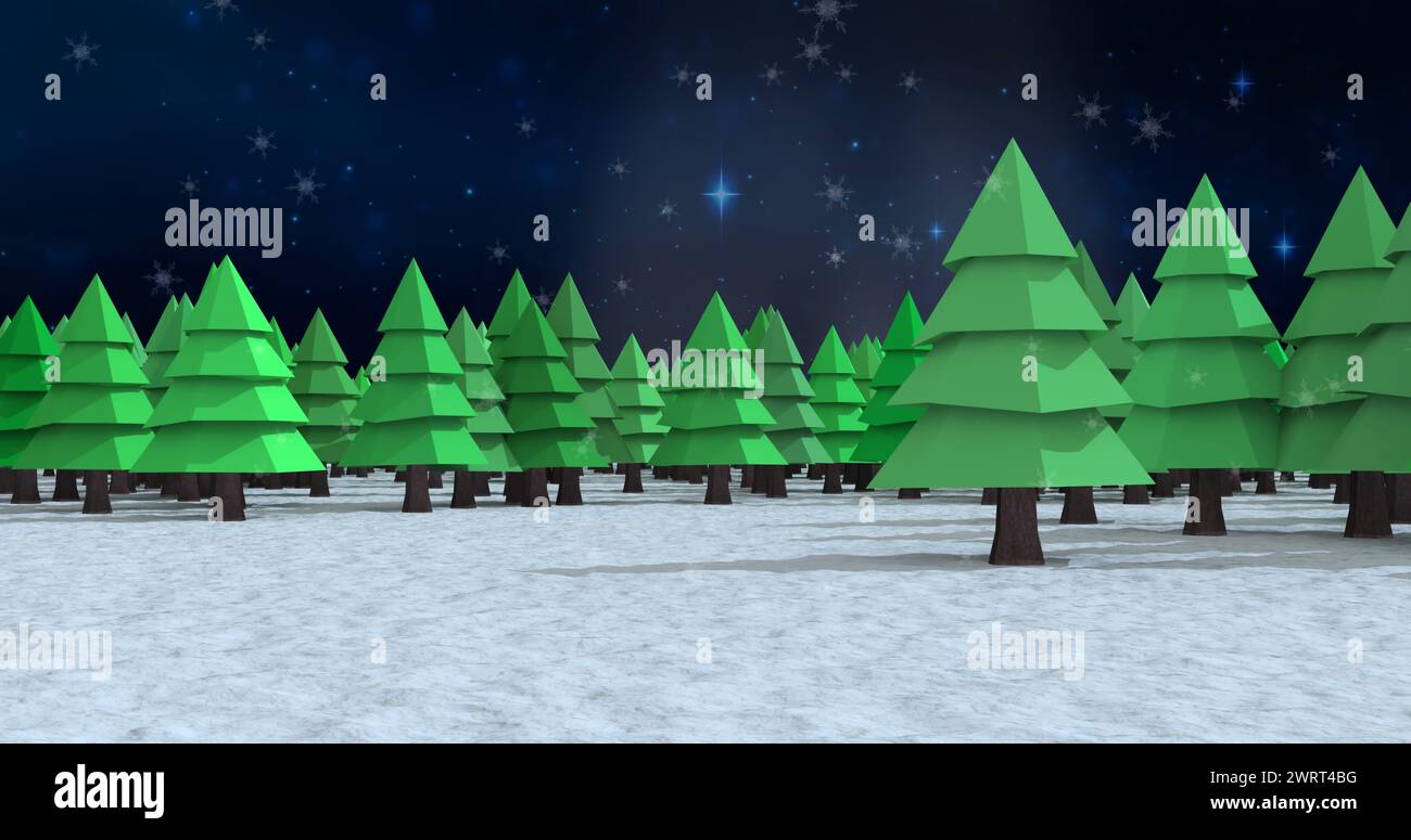 Snow falling over multiple trees on winter landscape against blue shining stars in night sky Stock Photo