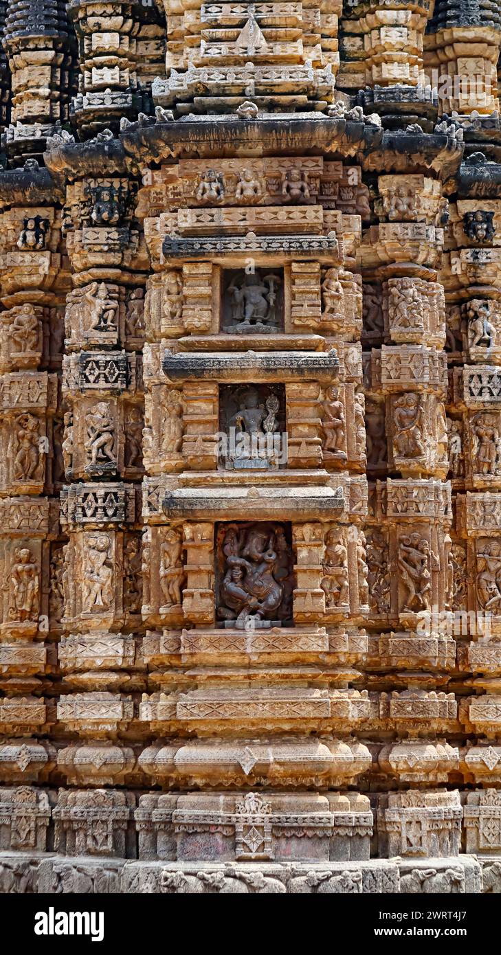 Sculptures of Hindu deities and Erotic Sculptures on the Bhoramdeo Temple, Chaura, Kabirdham, Chhattisgarh, India. Stock Photo