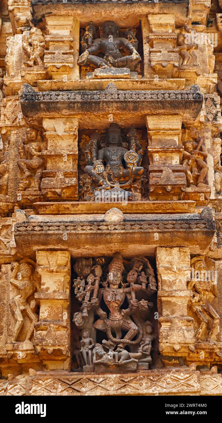 Sculptures of Goddess Chamunda and Lord Vishnu on the Bhoramdeo Temple, Chaura, Kabirdham, Chhattisgarh, India. Stock Photo