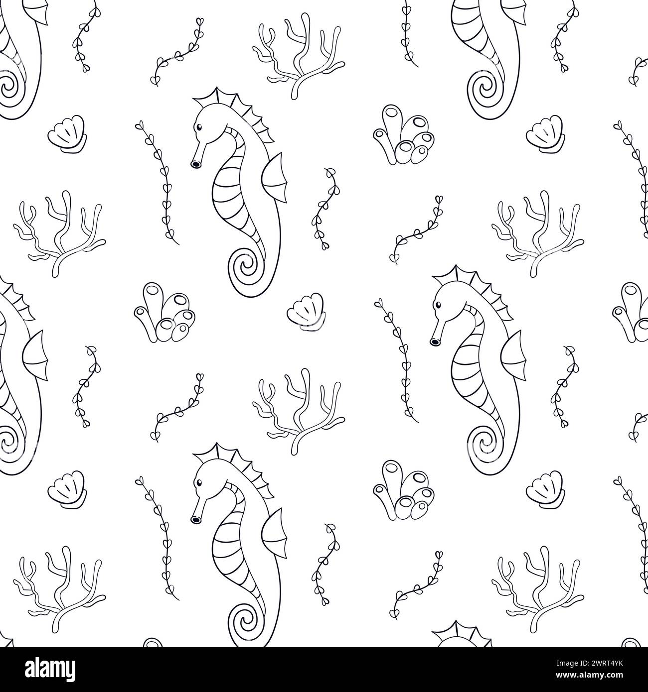 Sea horse seamless pattern in line art style. Undersea life background ...