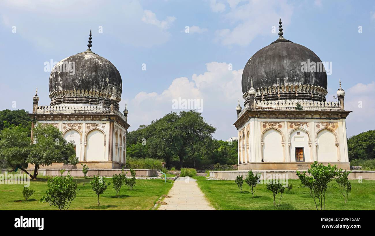 Twin Mausoleums of Taramati and Premamati in the Campus of Qutub Shahi Tombs, Hyderabad, Telangana , India. Stock Photo