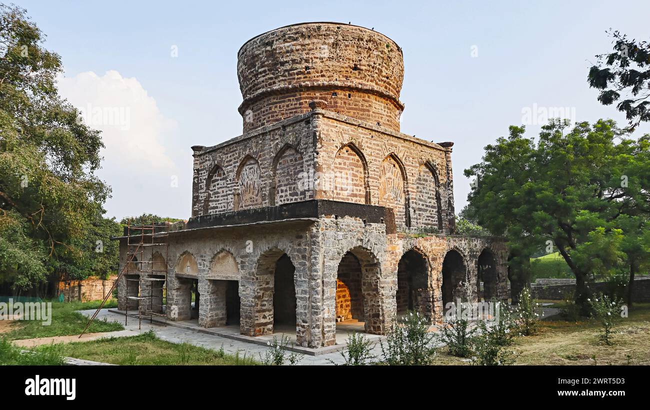 Ruins of Mirza Nizamuddin Ahmed Tomb in the Campus of Qutub Shahi Tombs, Hyderabad, Telangana , India. Stock Photo