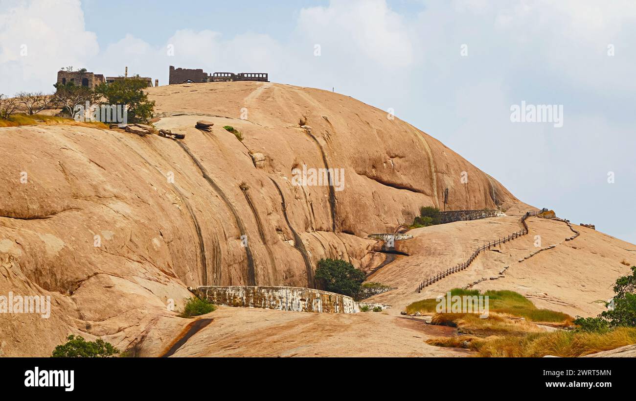 View of Rockcut Cut Fort Bhuvanagiri, 10th Century Fort, Bhongir, Yadadri, Telangana, India. Stock Photo