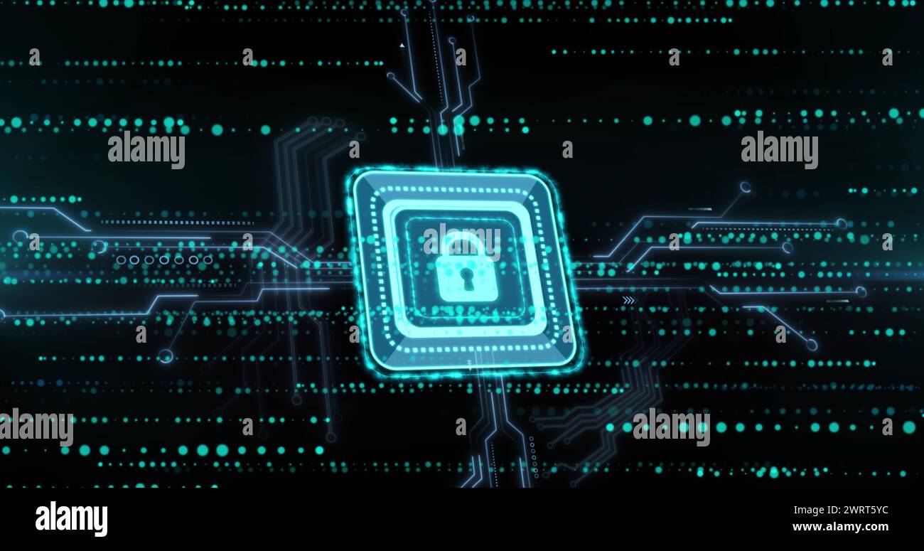 Image of data processing and padlock over black background Stock Photo ...