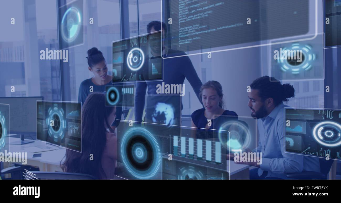 Image of data processing on screens over diverse businesspeople working ...