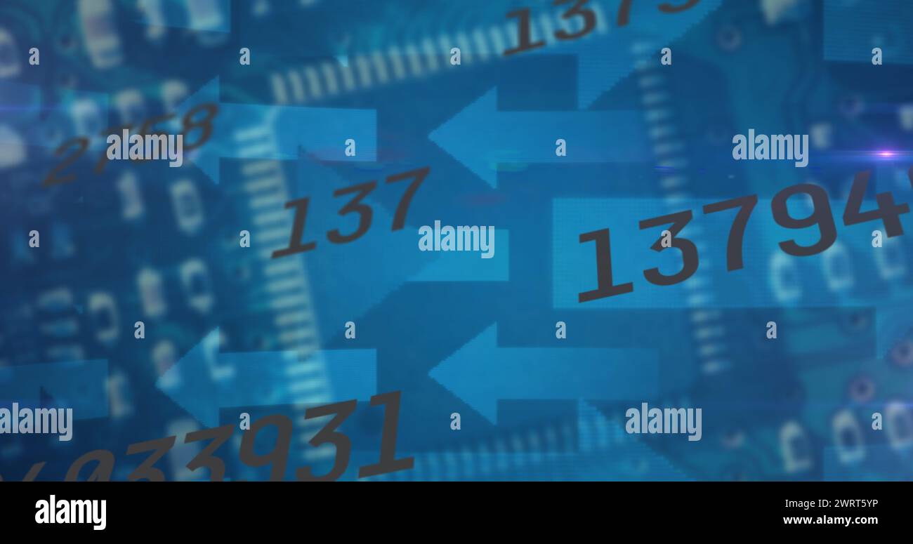 Image of light spot, changing numbers and arrow icons against close up ...