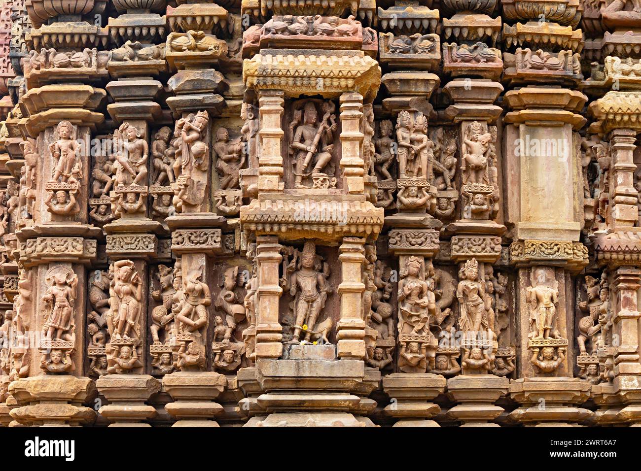 Bhadra niches in the south with Kartikeya in the lower tier and Shiva-Andhakantaka in the upper tier. Shiva Temple, Mahadeva Temple,  Pali, Bilaspur, Stock Photo