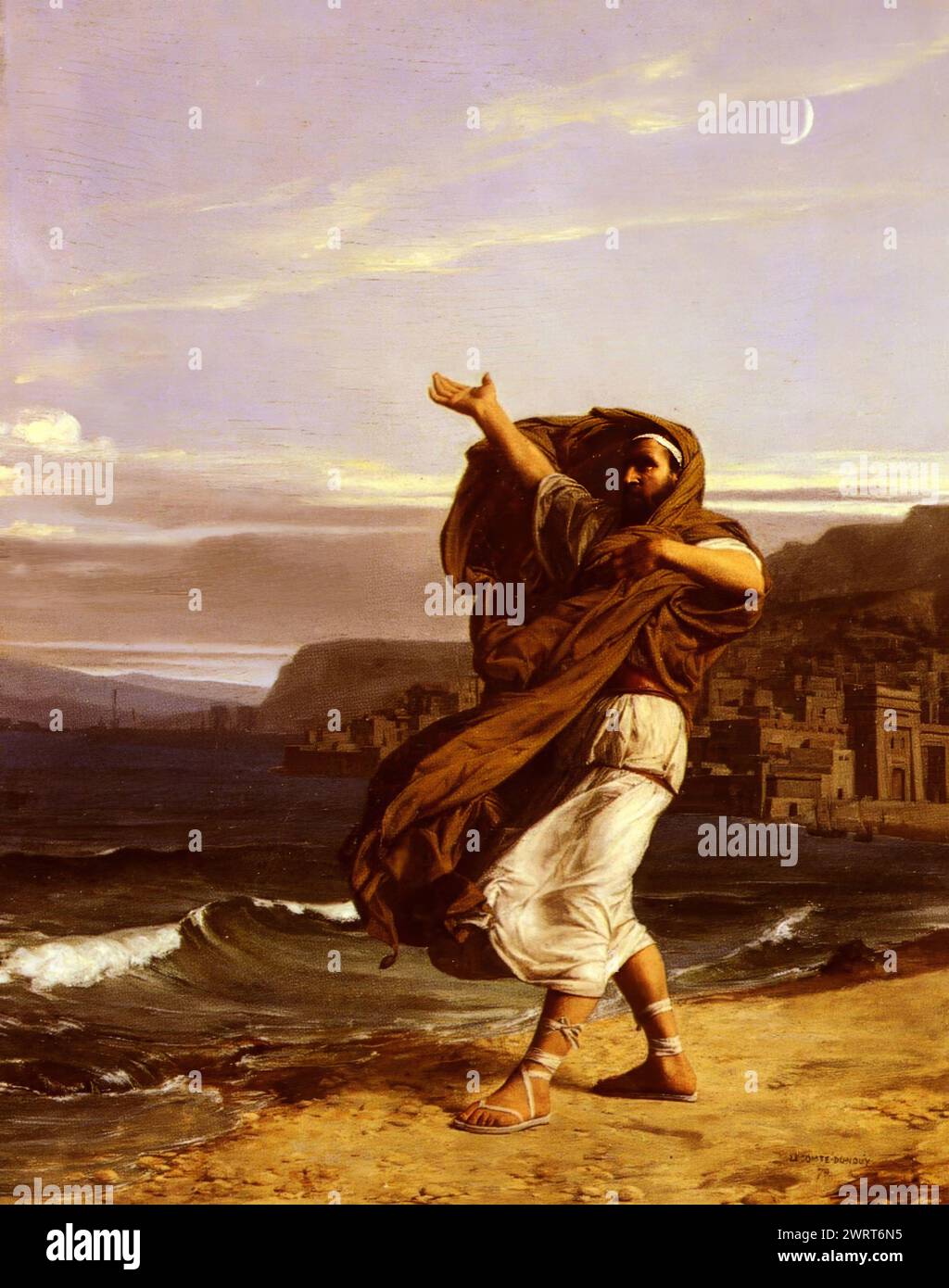 Demosthenes (384-322 B.C.). Greek statesman. Practicing his oratory by the seashore. Author: Jean Jules Lecomte du Nouy. Stock Photo