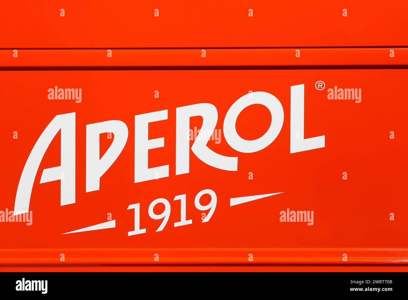 Aarhus, Denmark - June 8, 2023: Aperol logo on a vehicle. Aperol is an Italian bitter aperitif Stock Photo