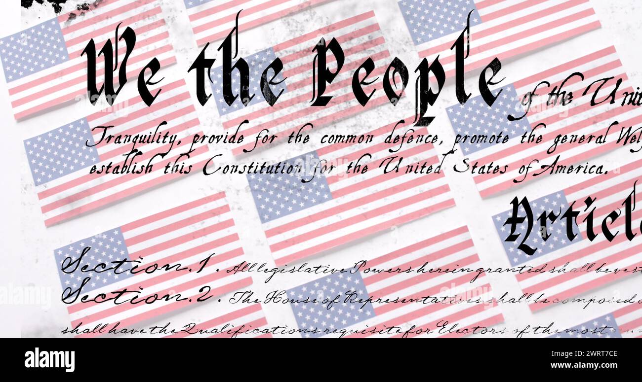 Image of constitution text over flags of united states of america on white background Stock Photo