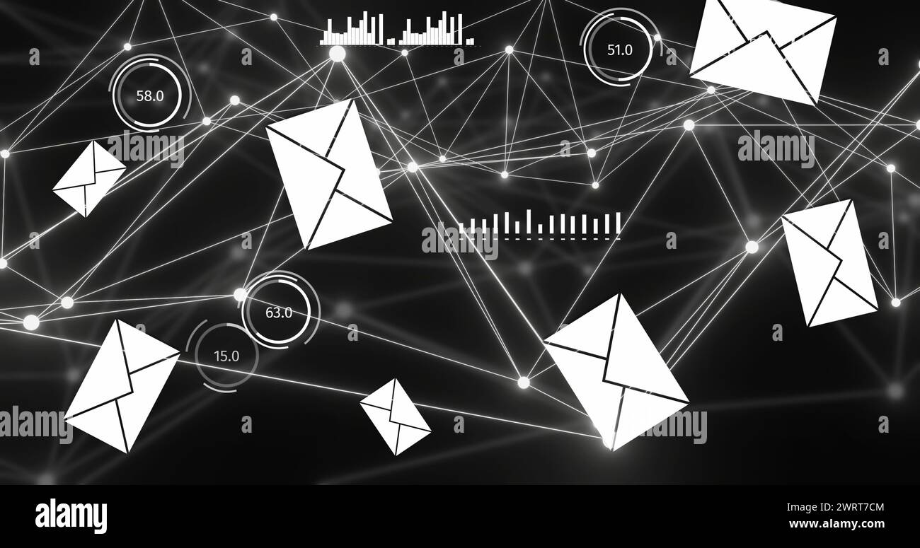 Image of network of connections and digital icons over black background ...