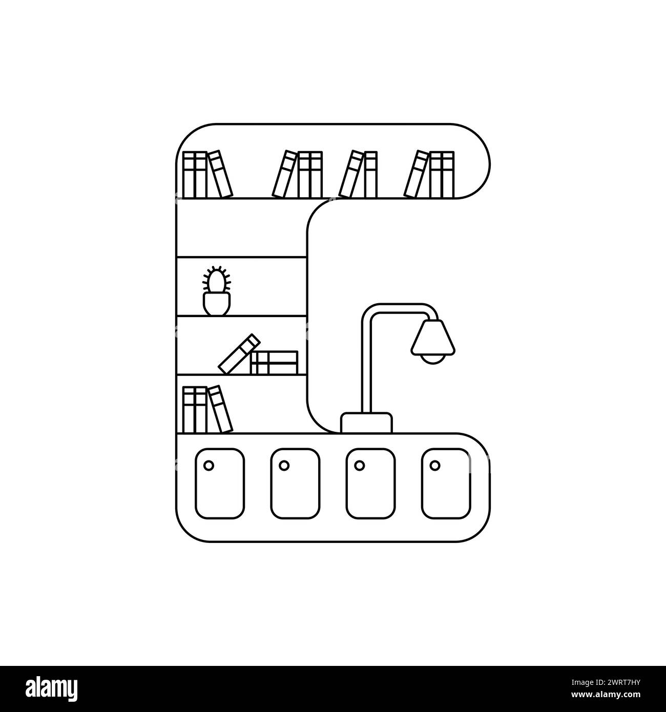Outline bookcase vector. Cozy wardrobe with a lamp vector. Home interior linear furniture concept. Books, lamp on the shelf vector. Stock Vector