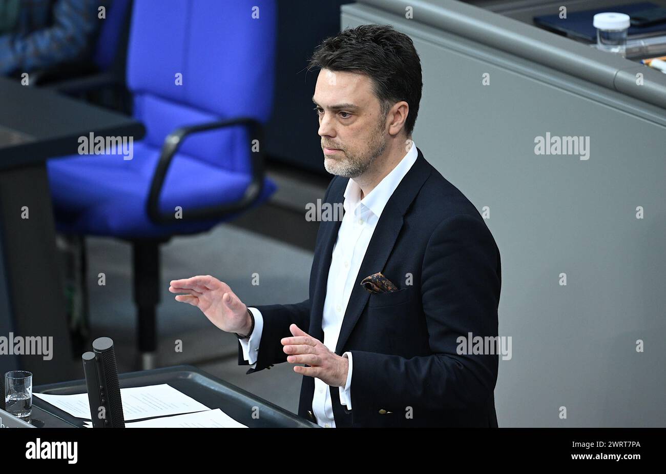 Berlin, Germany. 14th Mar, 2024. Robin Wagener (Alliance 90/The Greens) speaks at the 157th sitting of the Bundestag. The topic of the debate is support for Ukraine. Credit: Britta Pedersen/dpa/Alamy Live News Stock Photo