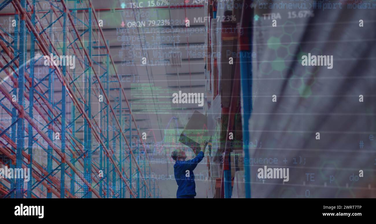 Image of financial data processing over caucasian man in warehouse Stock Photo