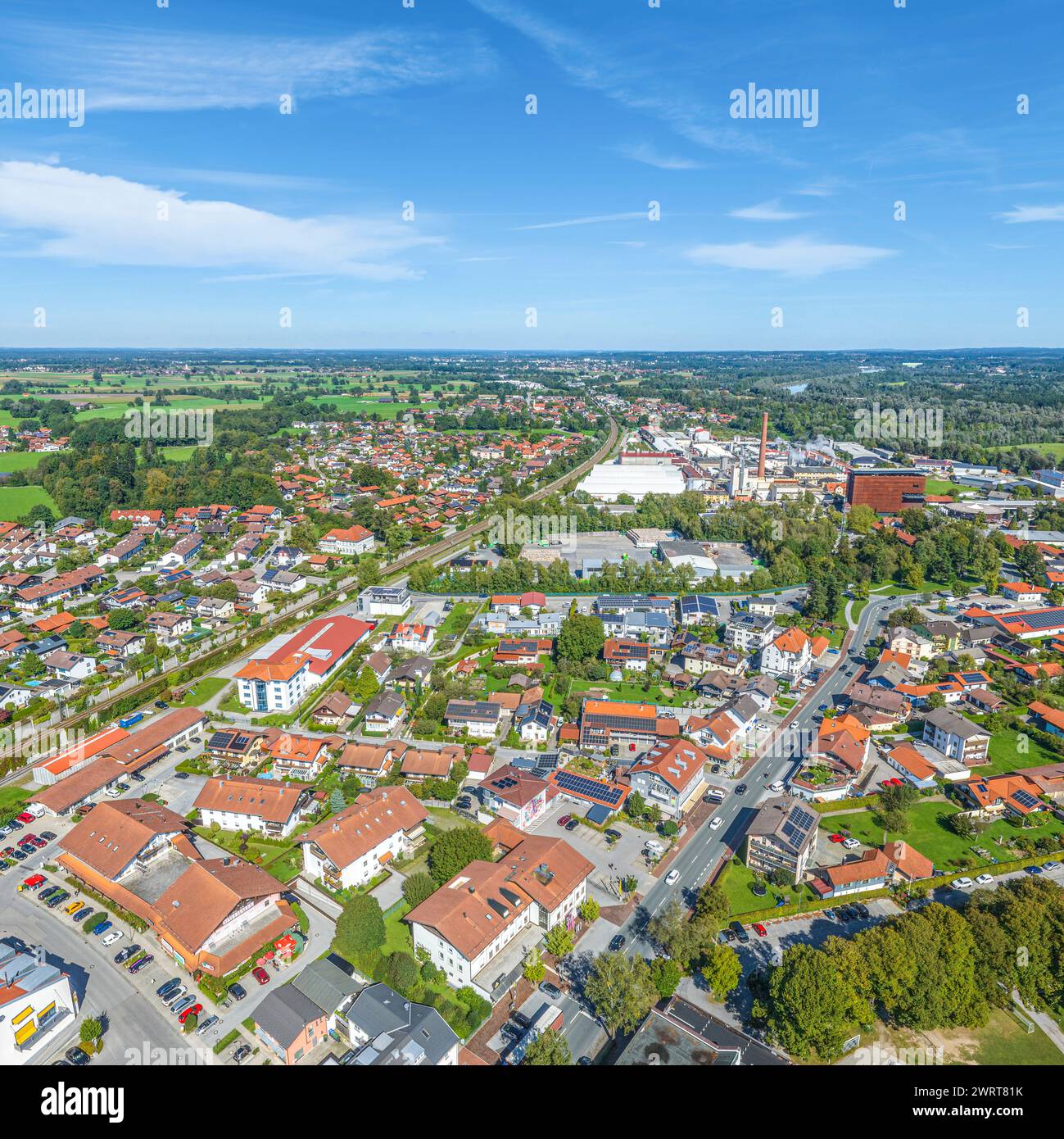 Aerial view of the municipality of Raubling in the Upper Bavarian Inn Valley near Rosenheim Stock Photo