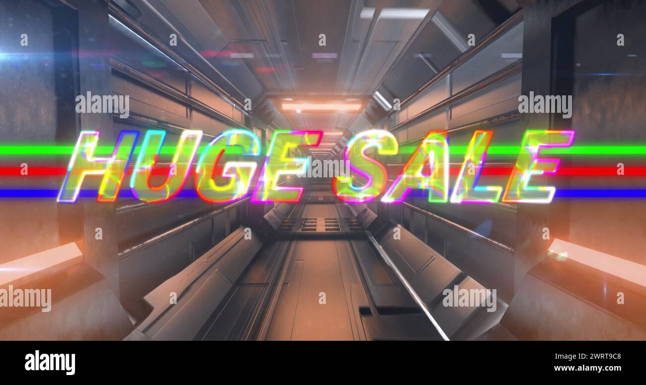 Image of wave pattern in huge sale text over looping futuristic tunnel ...