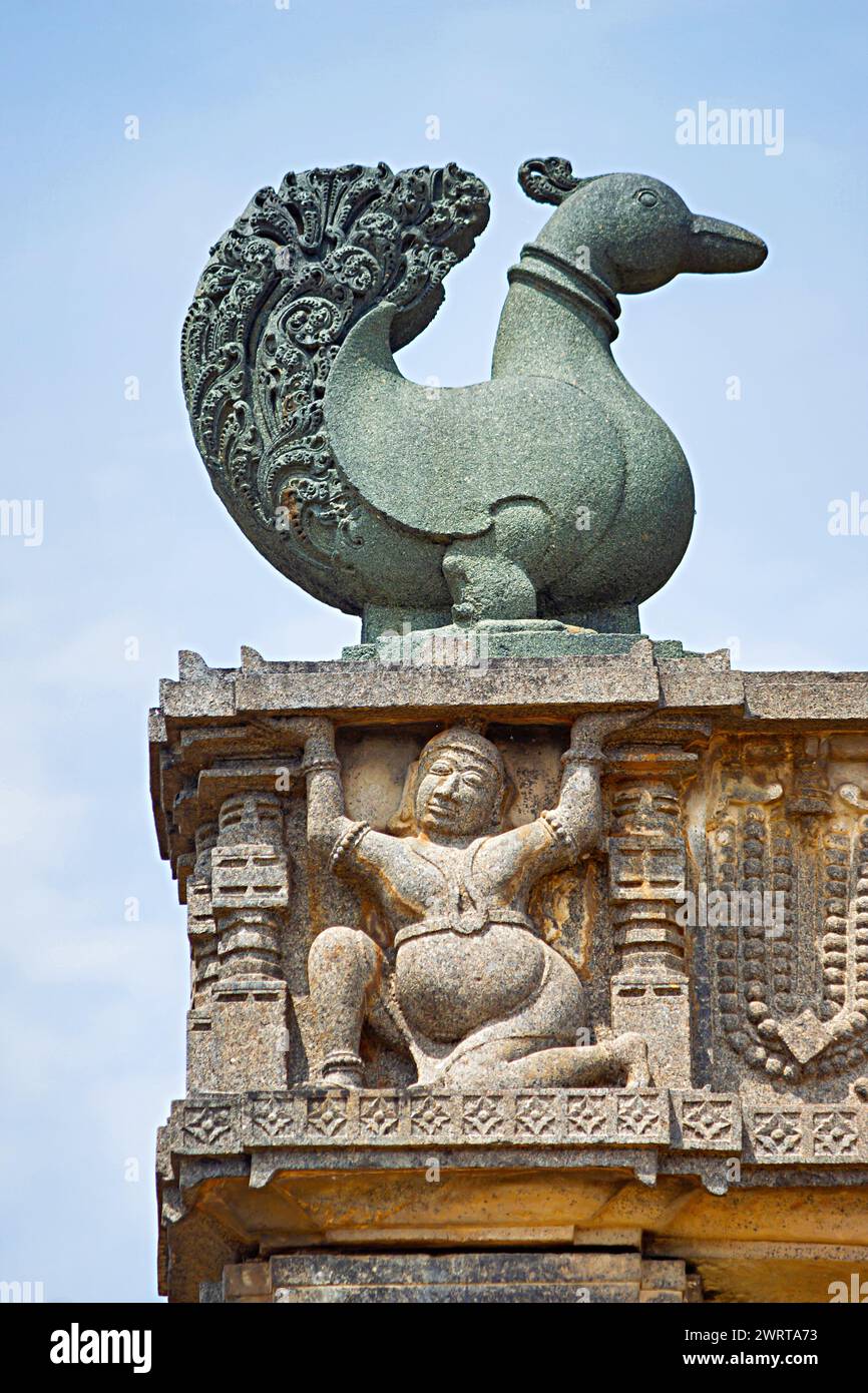 Carving Sculpture of Kichak and Hamsa on Upper Side, Arch of Warangal Fort, Telangana, India. Stock Photo