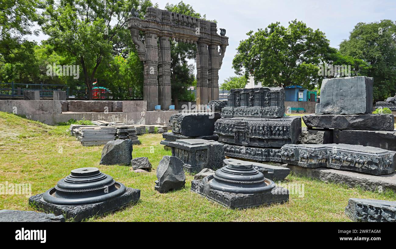 Broken Ruin Sculptures in the Campus of Warangal Fort, Telangana, India. Stock Photo