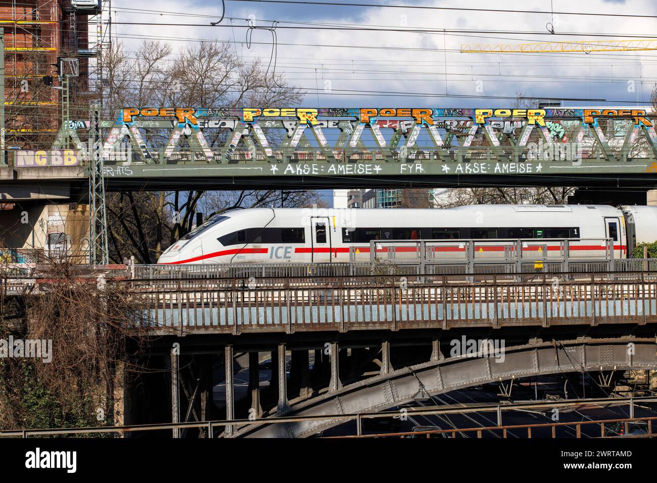 an ICE 4 high-speed train on one of the bridges over the  Deutz-Muelheimer-Street in the district Deutz, Cologne, Germany. ein ICE 4 auf einer der Bru Stock Photo