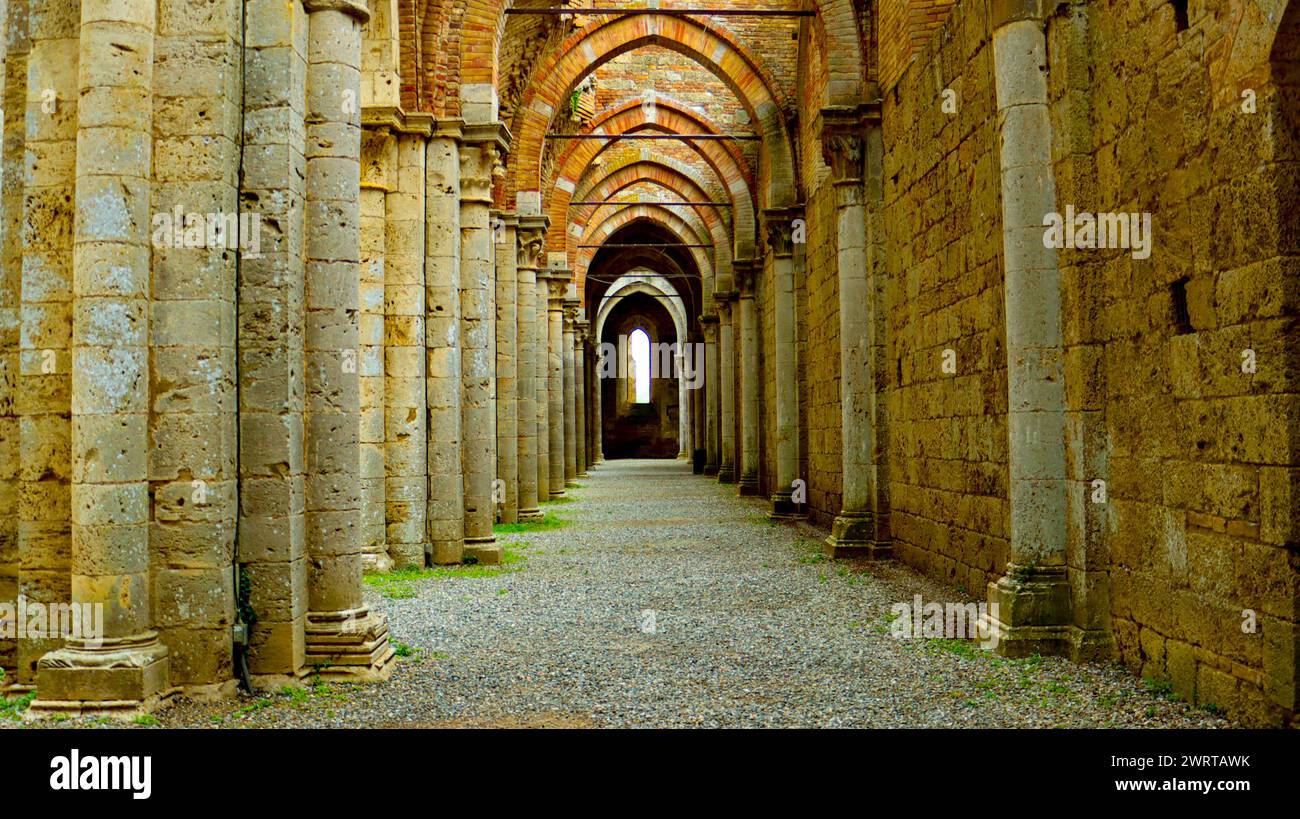 20-10-2023 Siena, Italy. Impressive portico of the Abbey of San Galgano. Tuscany. Stock Photo