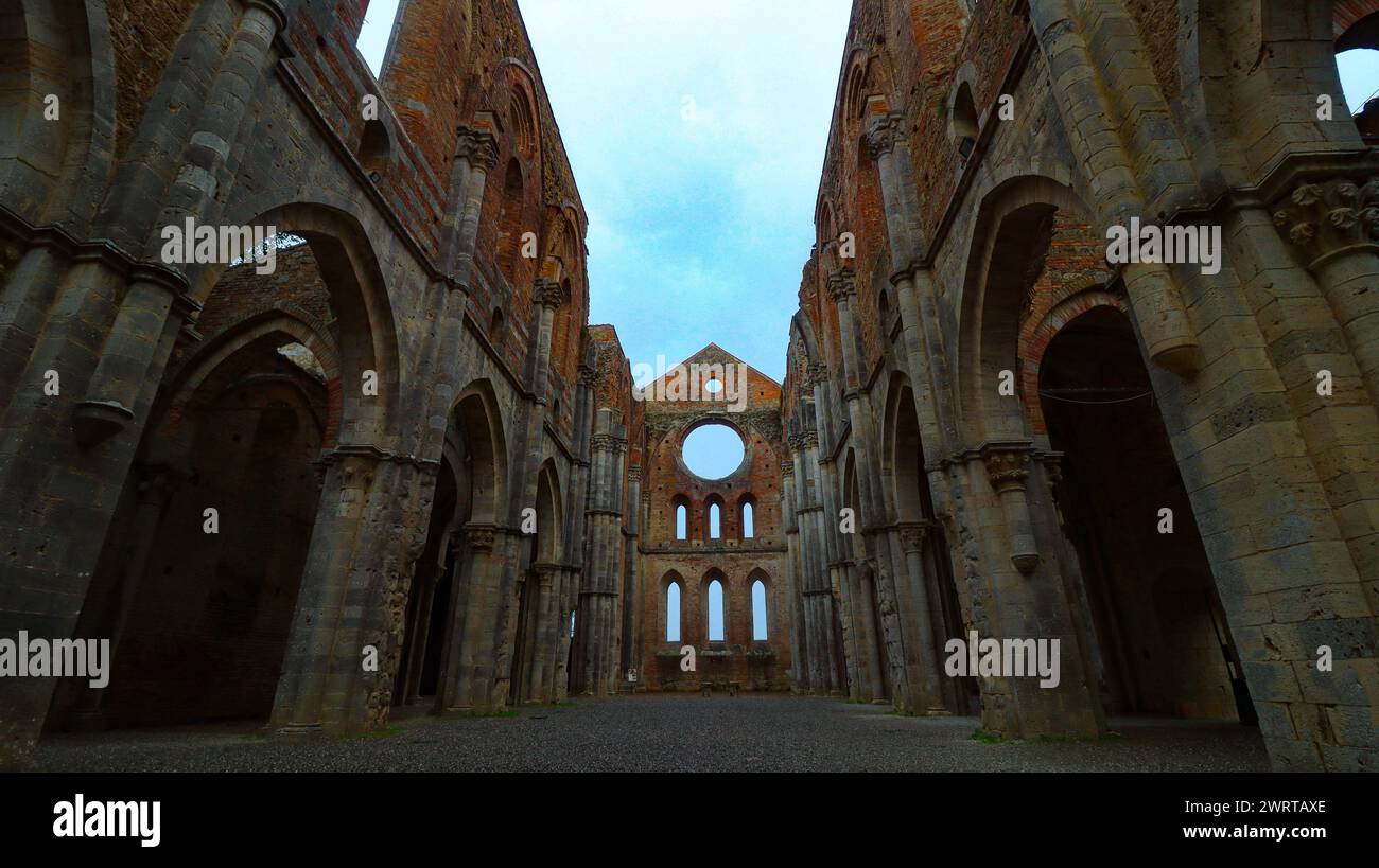 Siena, Italy; 10-20-2023. Impressive view of part of the abbey of San Galgano. Tuscany. Stock Photo