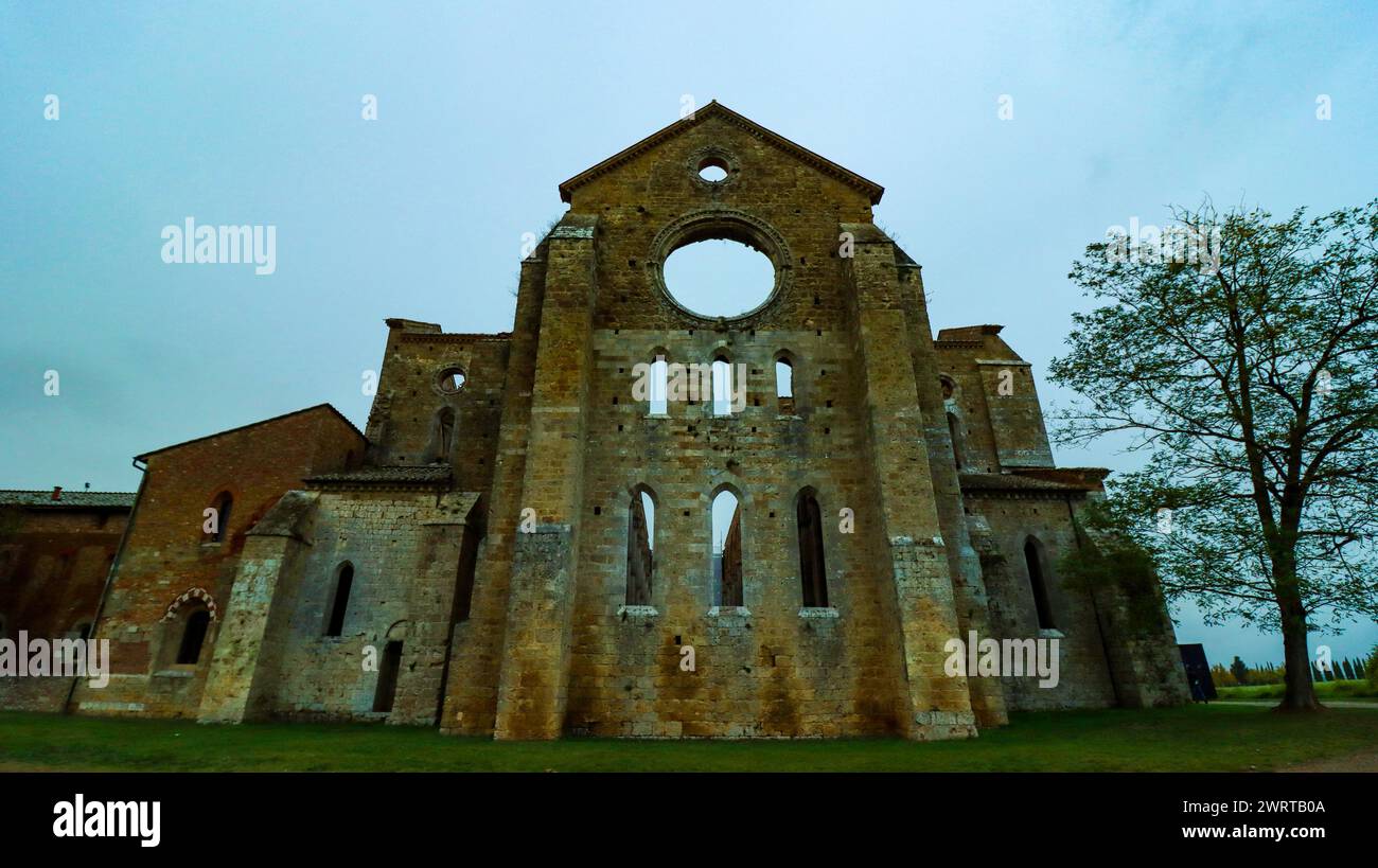 Siena, Italy; 10-20-2023. Impressive view of the abbey of San Galgano. Tuscany. Stock Photo