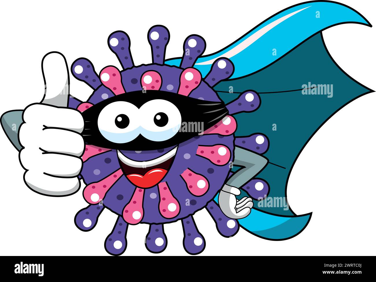 Cartoon mascot character virus or bacterium superhero cape and mask isolated vector illustration Stock Vector