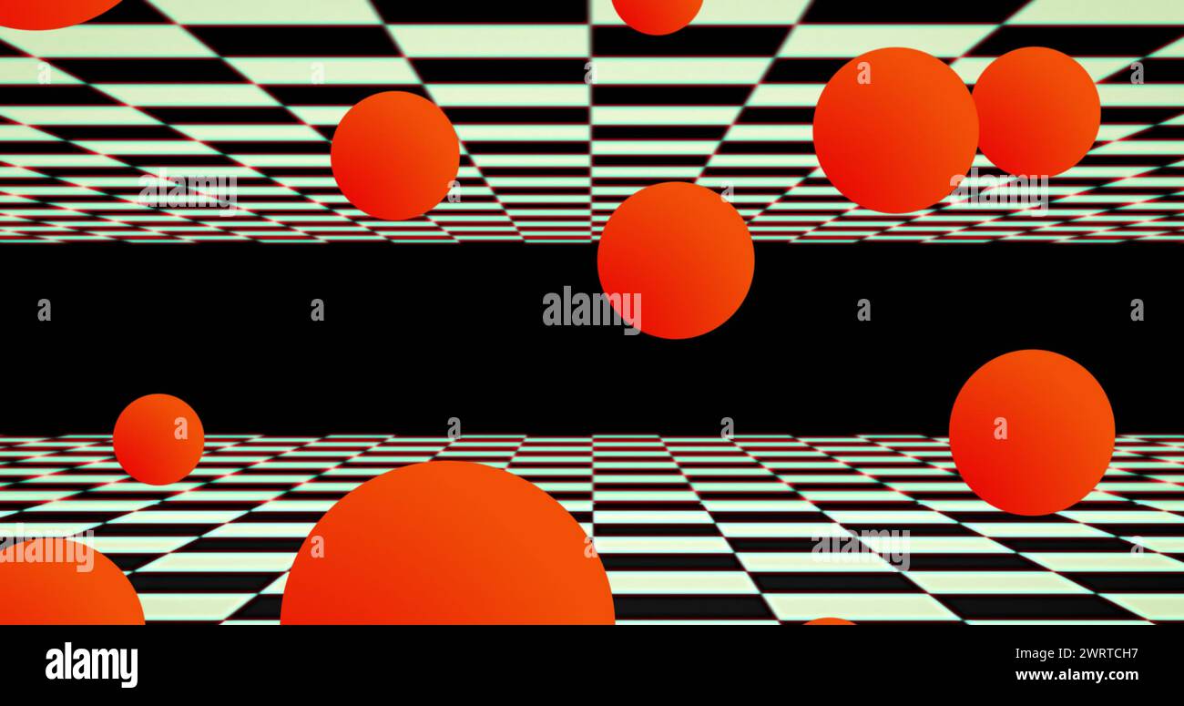 Floating red spheres with moving checkerboard squares above and below Stock Photo