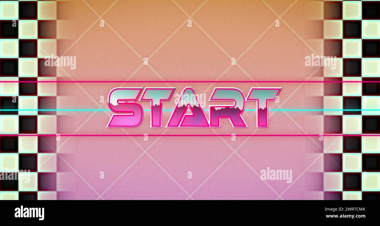 Start written in metallic pink with black and white checkerboard squares moving on left and right Stock Photo