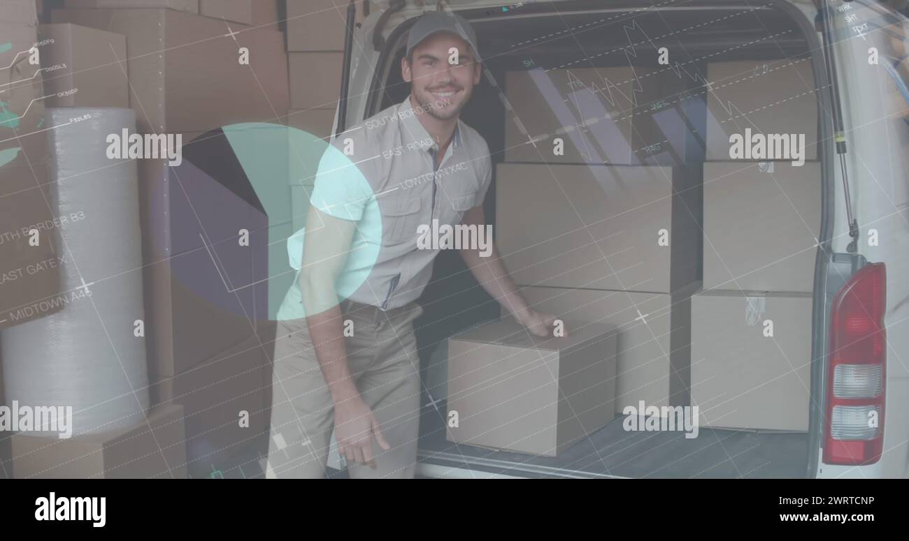 Statistical data processing against caucasian delivery man stacking ...