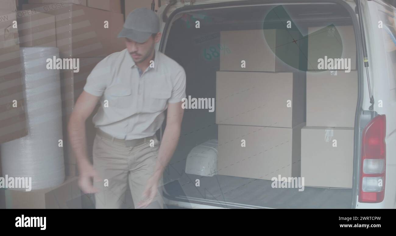 Statistical data processing against caucasian delivery man stacking ...