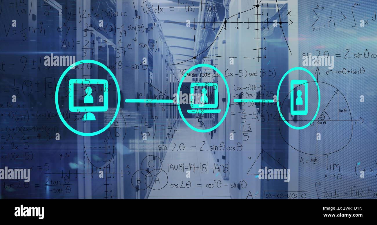 Image of network of digital icons and mathematical equations against ...
