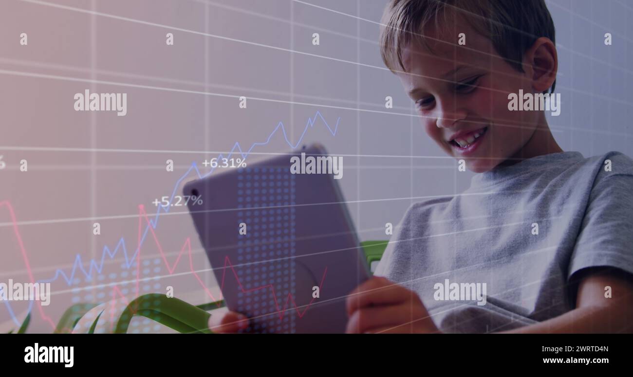 Image of data processing over caucasian boy using tablet Stock Photo ...