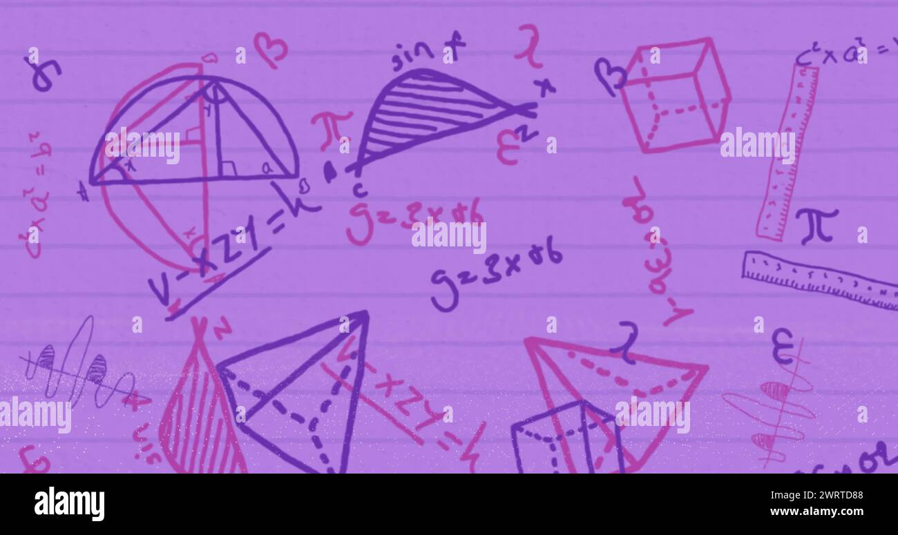 Image of geometry and math formulas on pink background Stock Photo