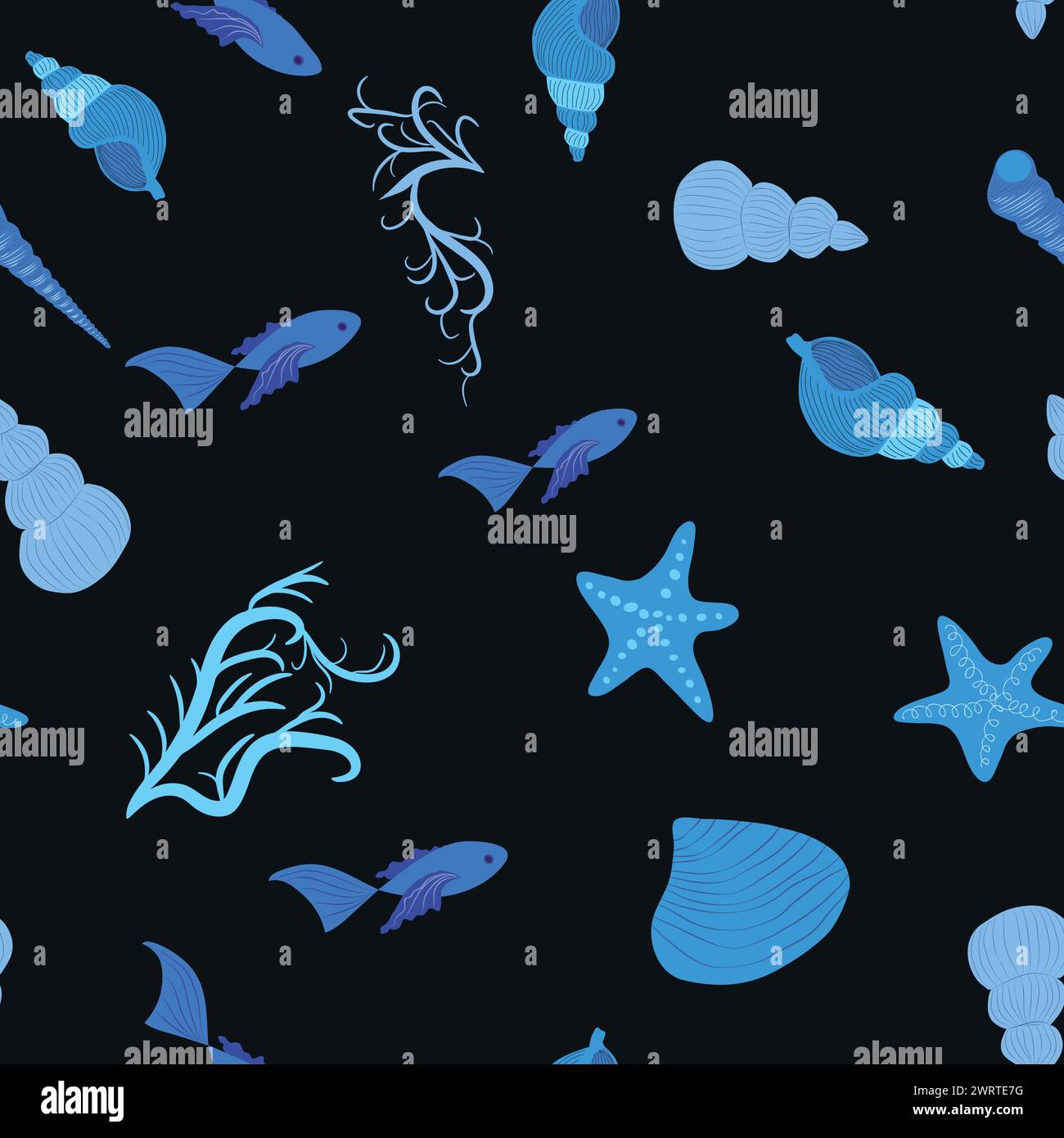 Blue Seamless pattern with starfish, corals, pearls and shells. Vector ...