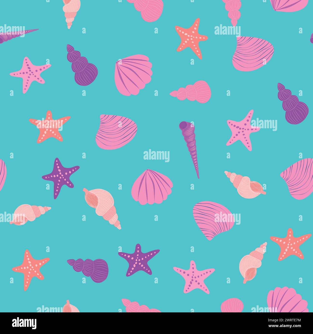 Pink Seamless pattern with starfish, corals, pearls and shells. Vector ...