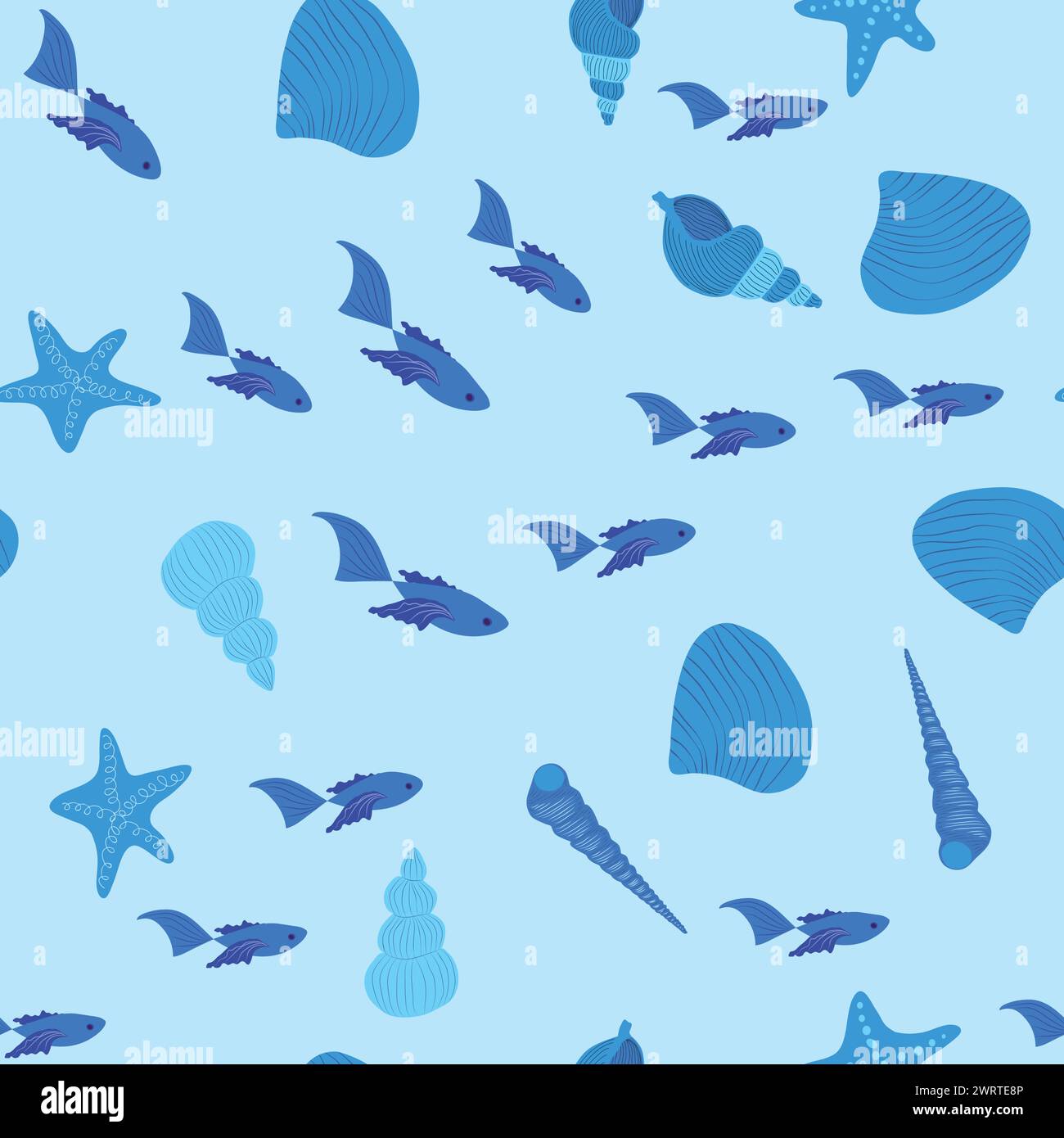Blue Seamless pattern with starfish, corals, pearls and shells. Vector ...