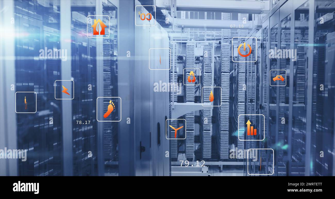 Image of multiple icons and lens flares over bars on data server ...