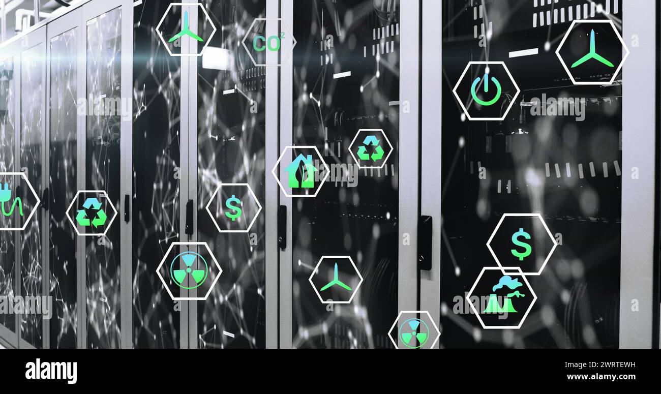 Image of multiple icons over connected dots on data server systems in ...