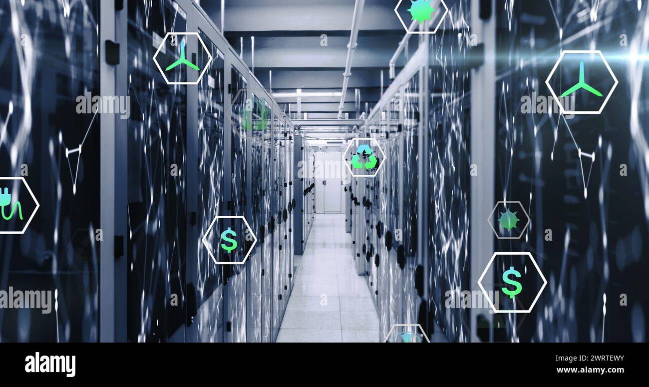 Image of multiple icons over connected dots on data server systems in ...