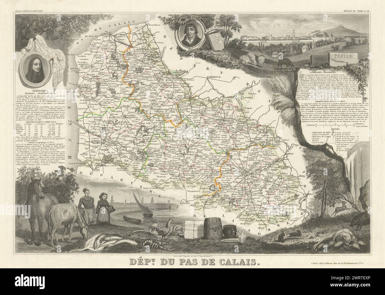 Département du PAS-DE-CALAIS. Decorative antique map/carte. LEVASSEUR 1856 Stock Photo