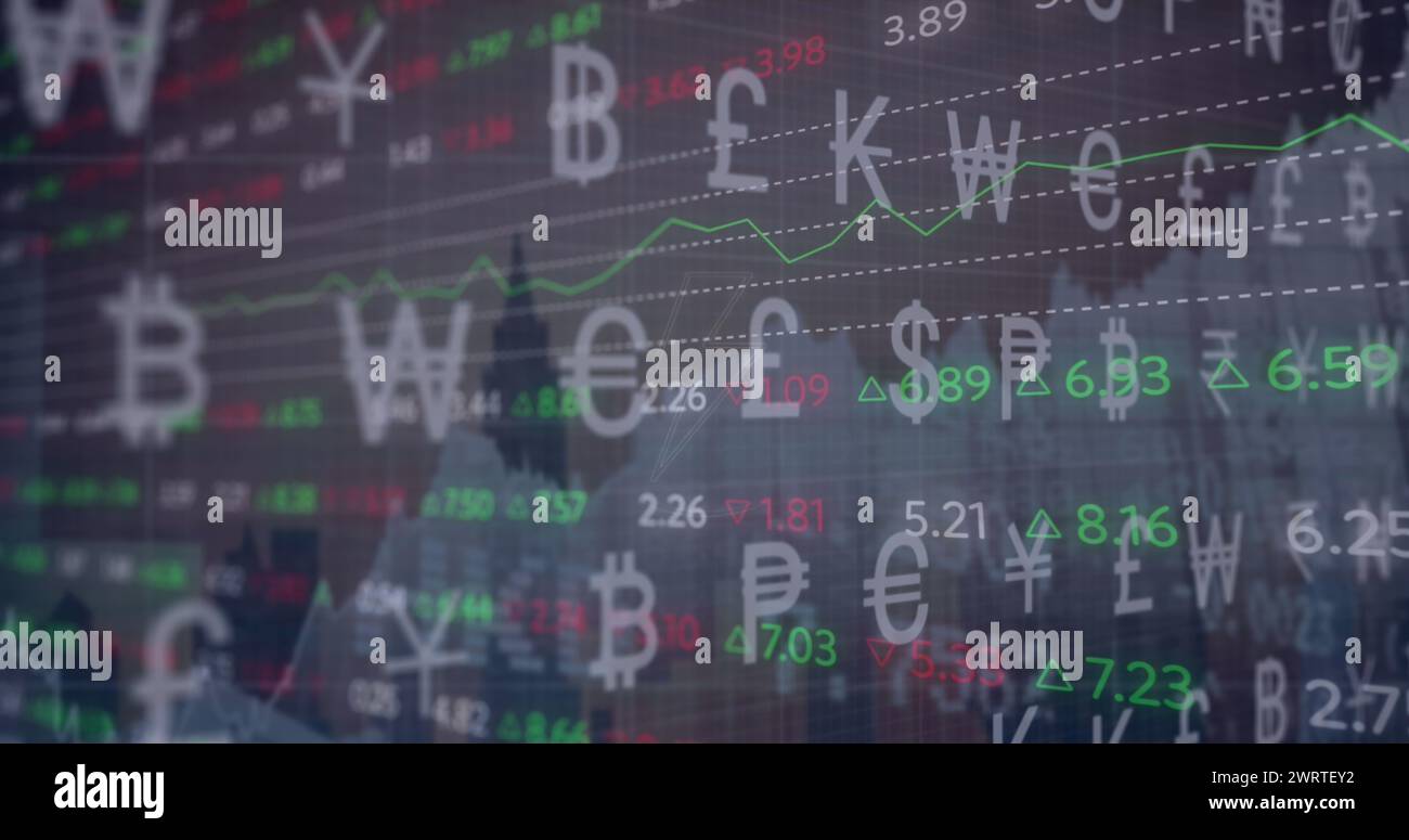 Image of currency symbols, thunder symbol and trading board over modern building in background Stock Photo